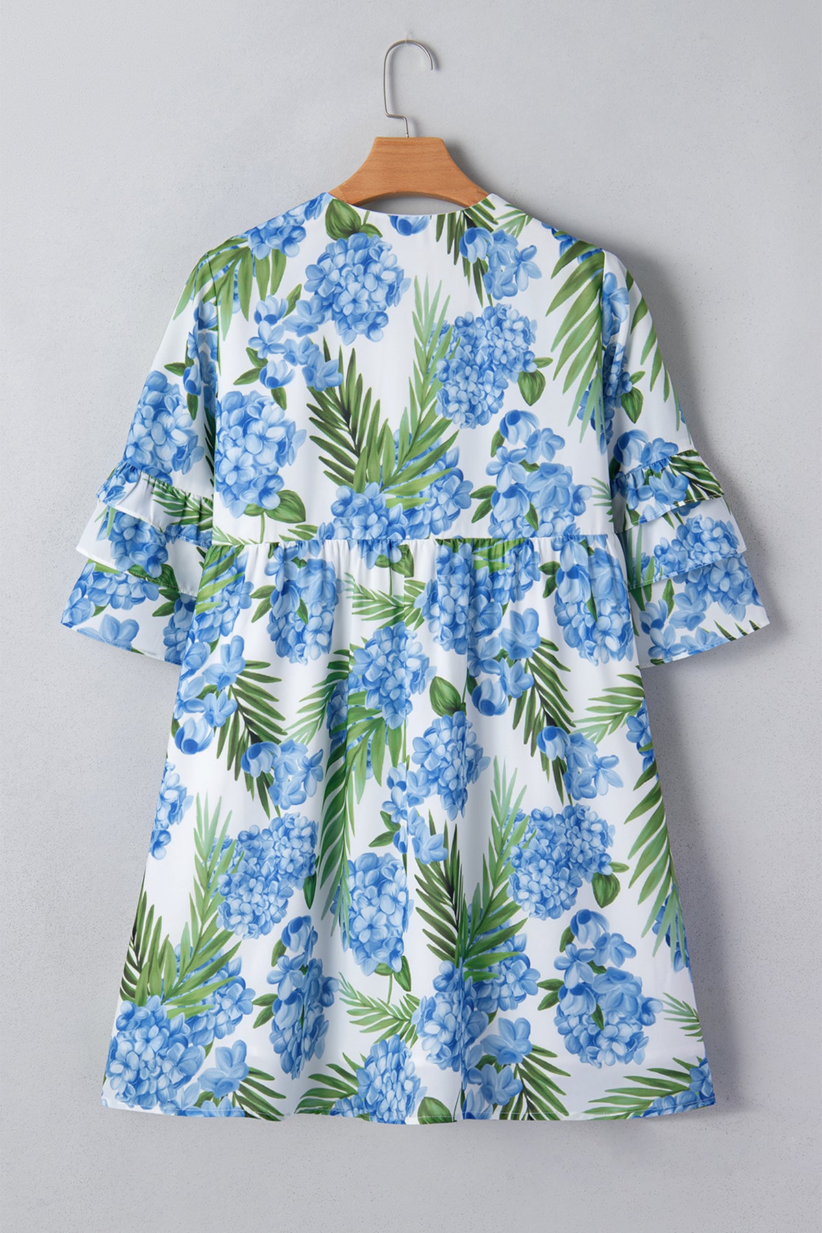 KaleaBoutique Comfortable Palm Floral Print Contrast Ribbon Knot Ruffle Tiered Sleeve Mini Dress - KaleaBoutique.com