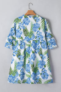 KaleaBoutique Comfortable Palm Floral Print Contrast Ribbon Knot Ruffle Tiered Sleeve Mini Dress - KaleaBoutique.com