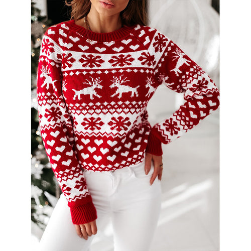 Women's Reindeer Snowflake and Heart Crew-Neck Christmas Sweater - KaleaBoutique.com