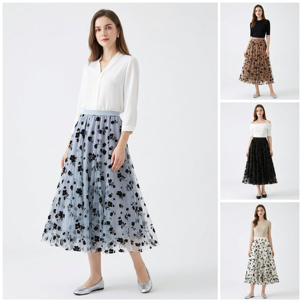 Thin Drape Pleated Skirt Flocking Mesh Skirt Women - KaleaBoutique.com