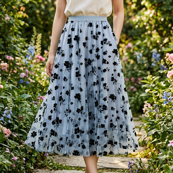 Thin Drape Pleated Skirt Flocking Mesh Skirt Women - KaleaBoutique.com
