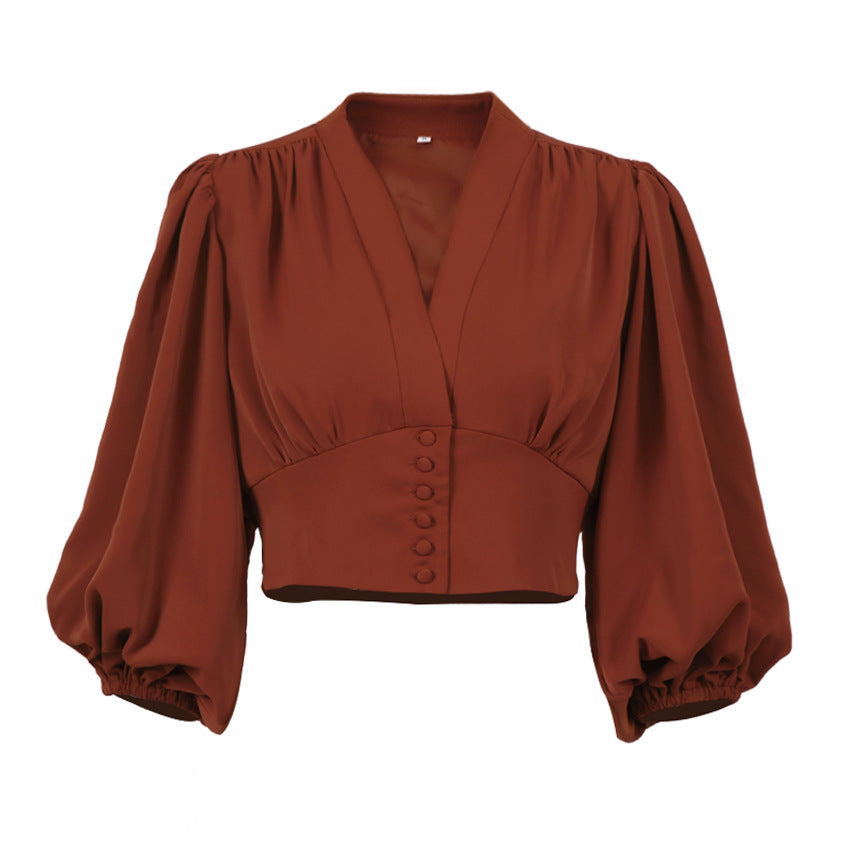 OOTN Elegant White Blouse Women Shirt Top Female Tunic V Neck Button Down Chic Casual Wine Red Blouse Lantern Sleeve Ladies - KaleaBoutique.com