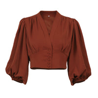 OOTN Elegant White Blouse Women Shirt Top Female Tunic V Neck Button Down Chic Casual Wine Red Blouse Lantern Sleeve Ladies - KaleaBoutique.com