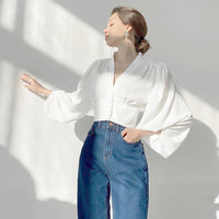 OOTN Elegant White Blouse Women Shirt Top Female Tunic V Neck Button Down Chic Casual Wine Red Blouse Lantern Sleeve Ladies - KaleaBoutique.com