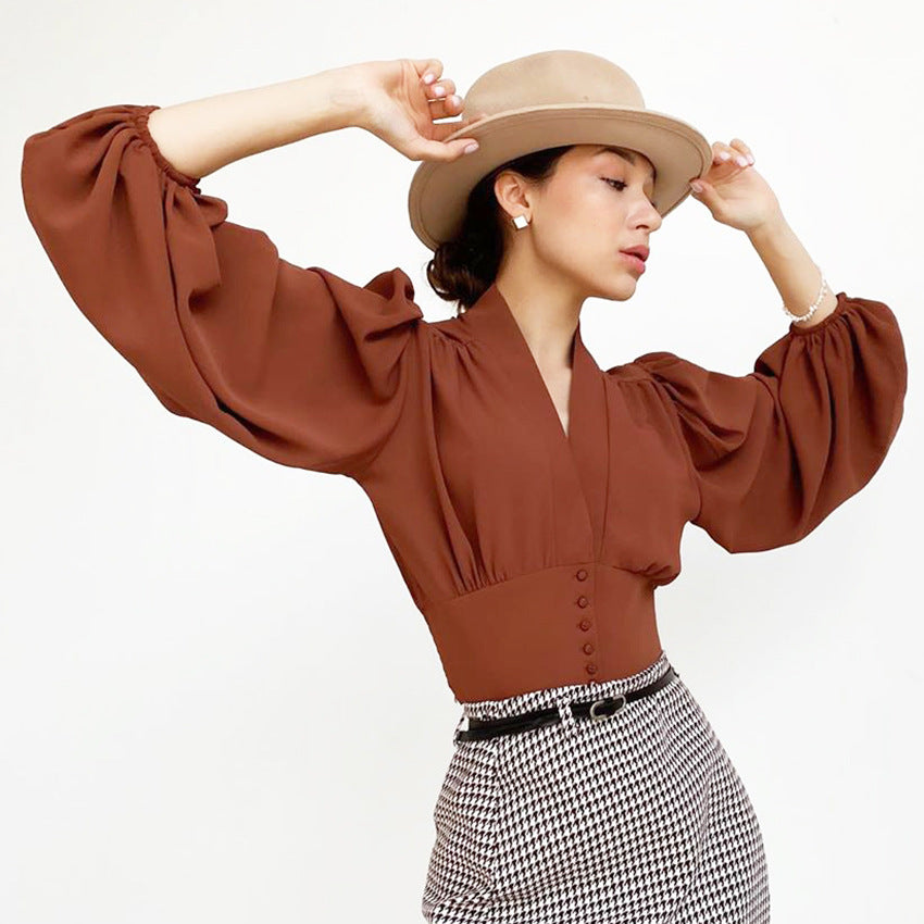 OOTN Elegant White Blouse Women Shirt Top Female Tunic V Neck Button Down Chic Casual Wine Red Blouse Lantern Sleeve Ladies - KaleaBoutique.com