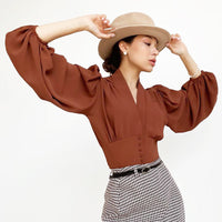 OOTN Elegant White Blouse Women Shirt Top Female Tunic V Neck Button Down Chic Casual Wine Red Blouse Lantern Sleeve Ladies - KaleaBoutique.com