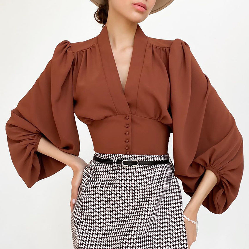 OOTN Elegant White Blouse Women Shirt Top Female Tunic V Neck Button Down Chic Casual Wine Red Blouse Lantern Sleeve Ladies - KaleaBoutique.com