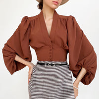 OOTN Elegant White Blouse Women Shirt Top Female Tunic V Neck Button Down Chic Casual Wine Red Blouse Lantern Sleeve Ladies - KaleaBoutique.com