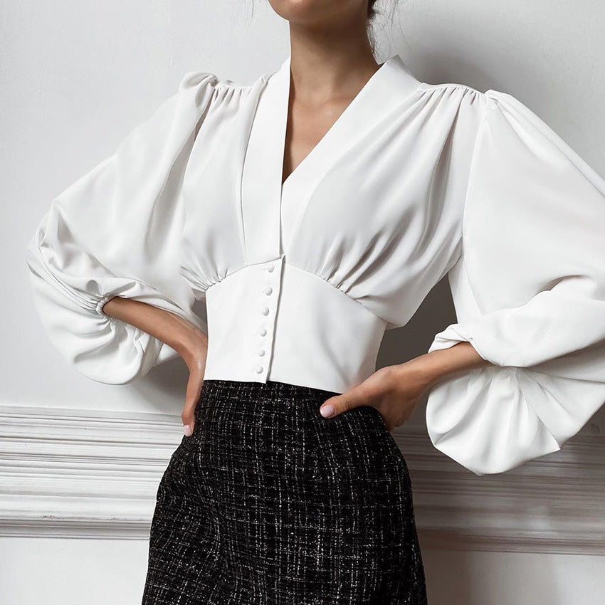 OOTN Elegant White Blouse Women Shirt Top Female Tunic V Neck Button Down Chic Casual Wine Red Blouse Lantern Sleeve Ladies - KaleaBoutique.com