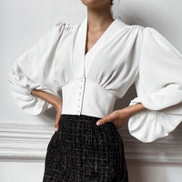 OOTN Elegant White Blouse Women Shirt Top Female Tunic V Neck Button Down Chic Casual Wine Red Blouse Lantern Sleeve Ladies - KaleaBoutique.com