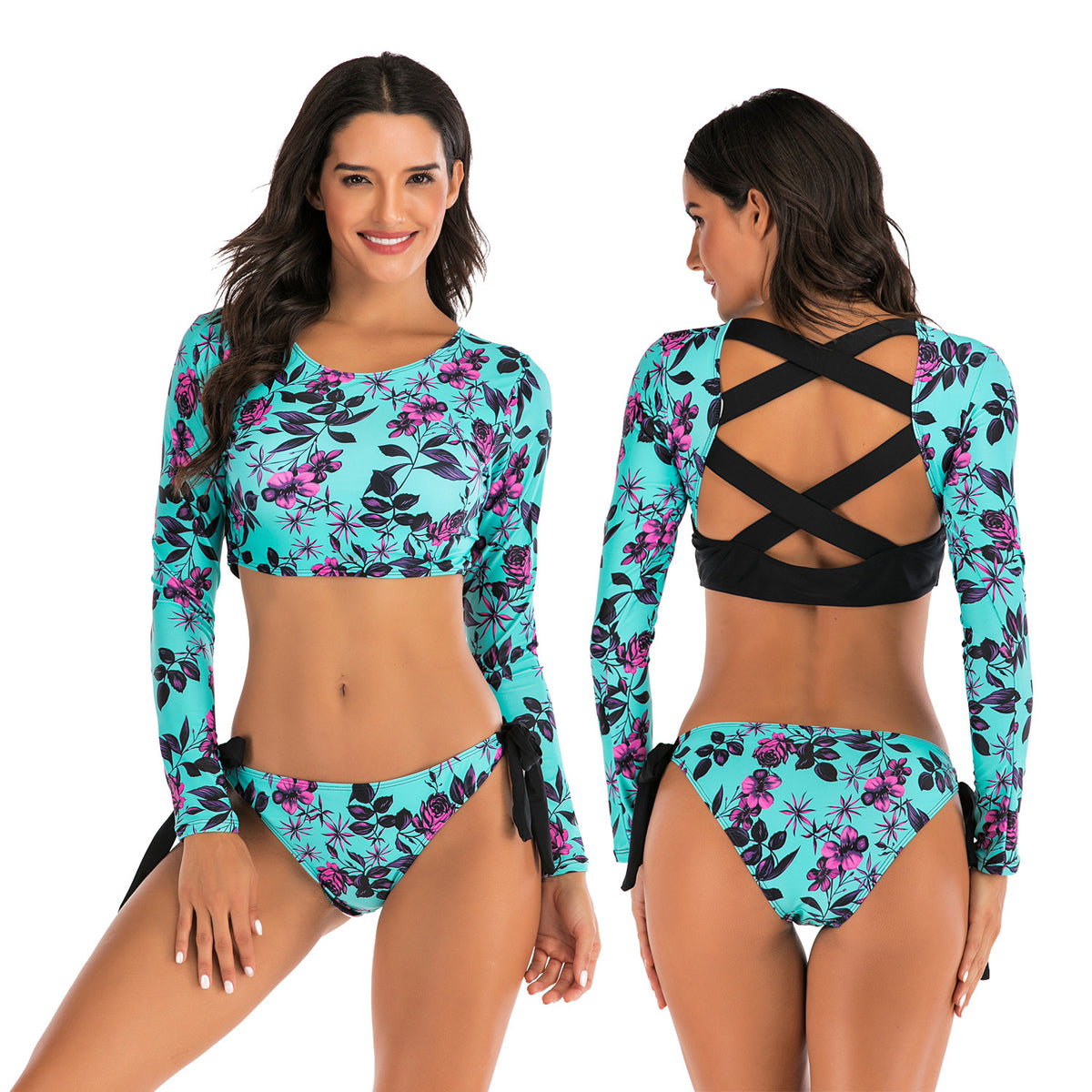 Women's Blue Floral Long-Sleeve Crisscross-Back 2 PC Bikini Set - KaleaBoutique.com