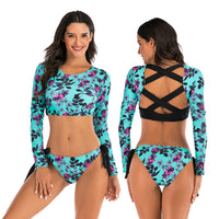 Women's Blue Floral Long-Sleeve Crisscross-Back 2 PC Bikini Set - KaleaBoutique.com
