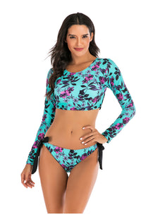 Women's Blue Floral Long-Sleeve Crisscross-Back 2 PC Bikini Set - KaleaBoutique.com