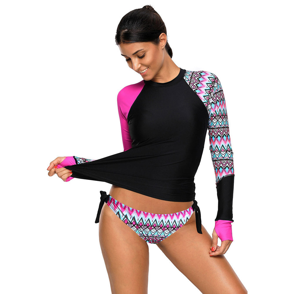 Women's Geometric-Print Long-Sleeve Swim Set with Tie-Side Briefs - KaleaBoutique.com