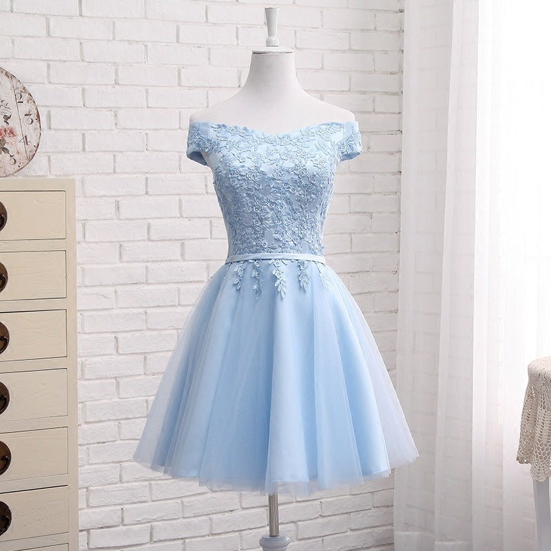 Long Blue Bridesmaid Sisters Dress One-shoulder Evening Dress - KaleaBoutique.com