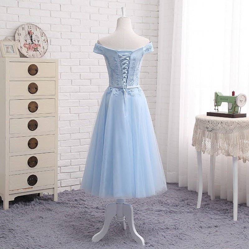 Long Blue Bridesmaid Sisters Dress One-shoulder Evening Dress - KaleaBoutique.com