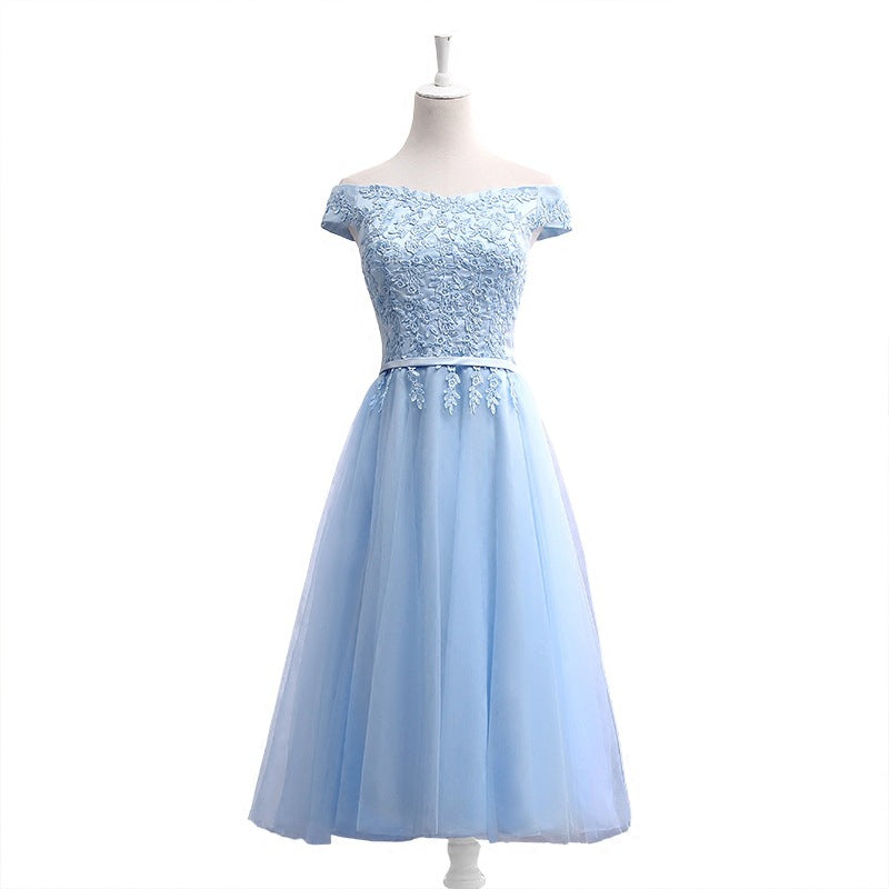 Long Blue Bridesmaid Sisters Dress One-shoulder Evening Dress - KaleaBoutique.com