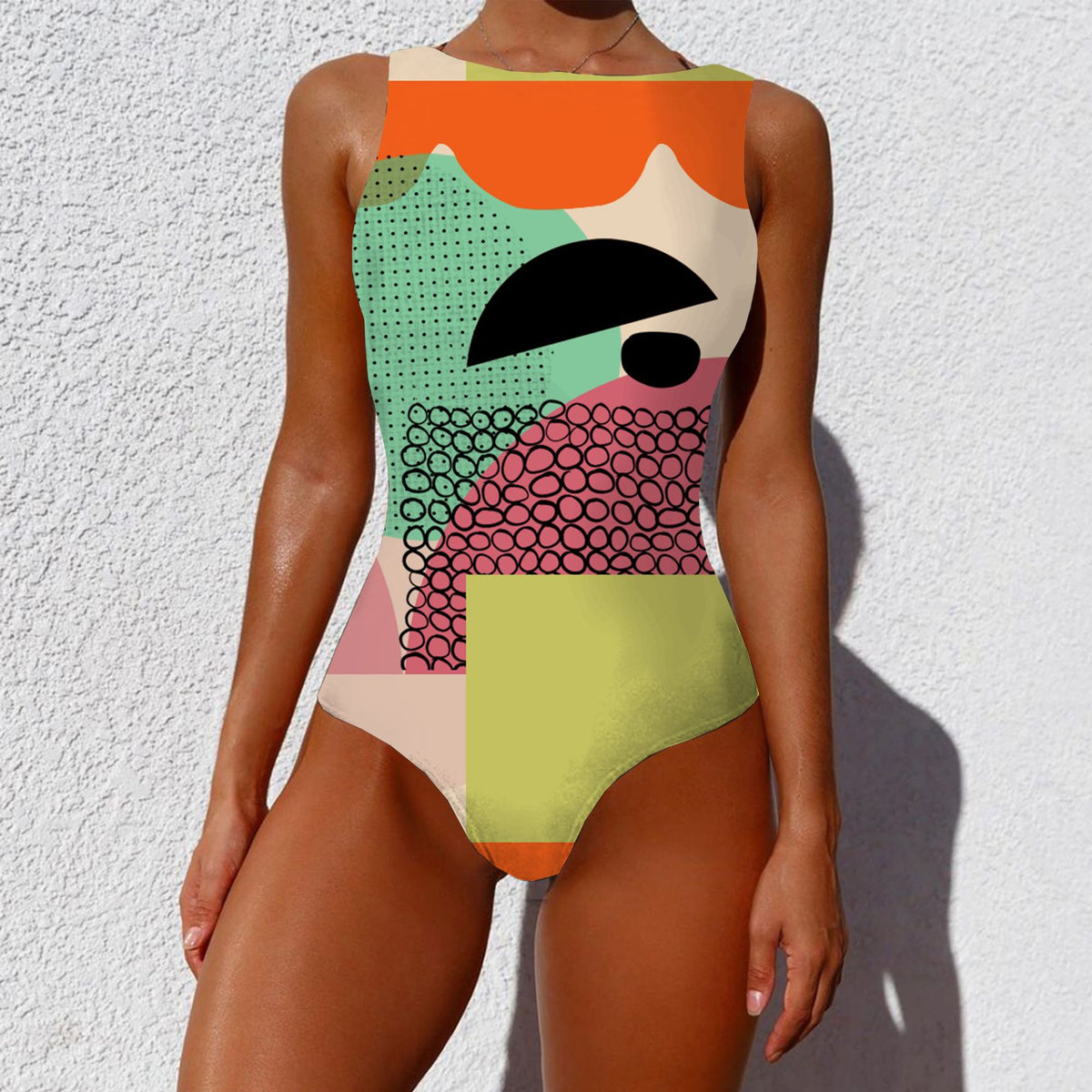 Women's High-Neck Abstract Print One-Piece Swimsuit - KaleaBoutique.com
