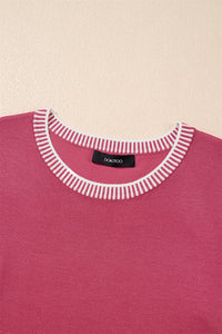 KaleaBoutique Comfortable Contrast Striped Trim Round Neck Half Sleeve Sweater - KaleaBoutique.com