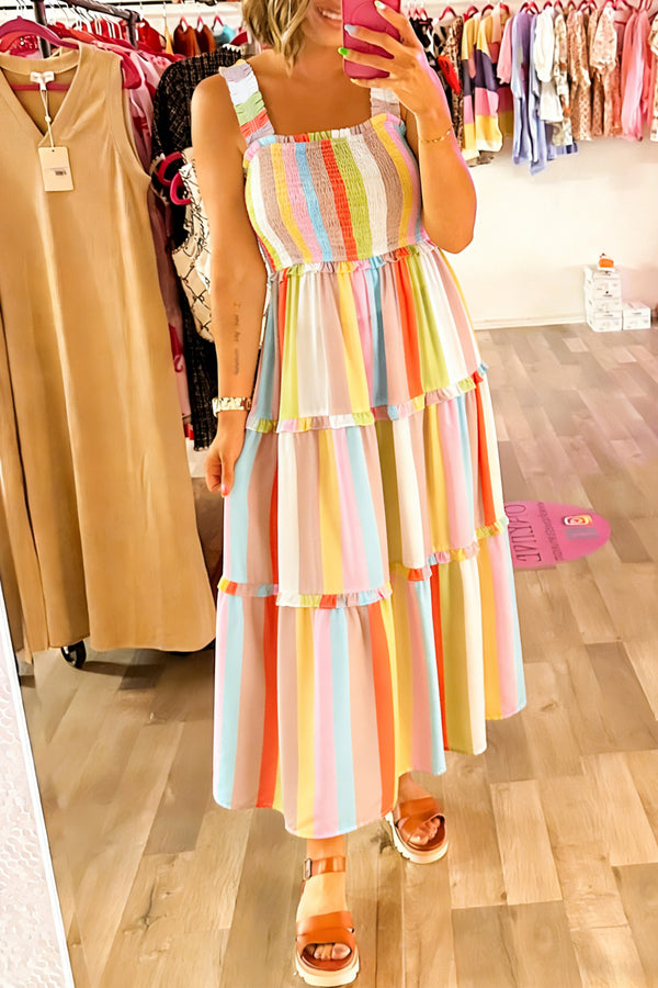 KaleaBoutique Chic Striped Print Shirred Frilly Tiered Maxi Dress - KaleaBoutique.com