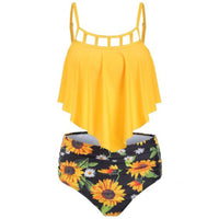 Women's Cutout-Neck Flounce Top and Sunflower High-Waisted 2 PC Bikini Set - KaleaBoutique.com