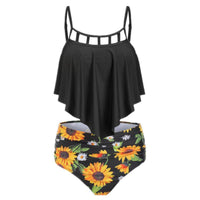 Women's Cutout-Neck Flounce Top and Sunflower High-Waisted 2 PC Bikini Set - KaleaBoutique.com