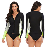 Women's Color Block Long-Sleeve Zip-Front Black Tankini Set - KaleaBoutique.com