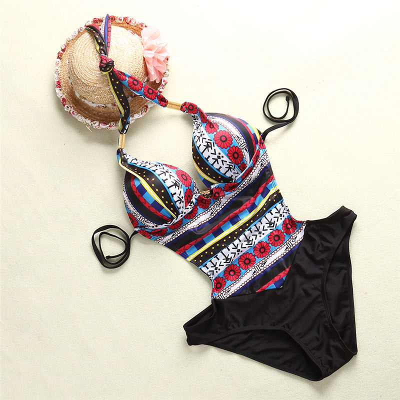 Women's Floral and Geometric Print Halter One-Piece Swimsuit - KaleaBoutique.com