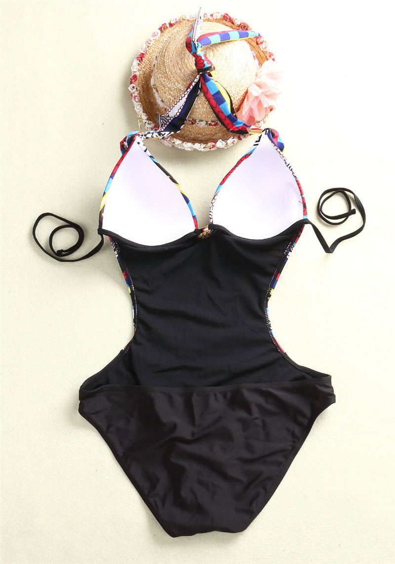 Women's Floral and Geometric Print Halter One-Piece Swimsuit - KaleaBoutique.com