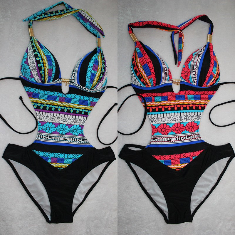 Women's Floral and Geometric Print Halter One-Piece Swimsuit - KaleaBoutique.com