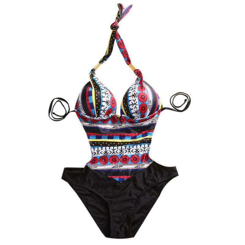 Women's Floral and Geometric Print Halter One-Piece Swimsuit - KaleaBoutique.com