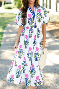 Floral Puff Short Sleeve V Neck High Waist Maxi Dress - KaleaBoutique.com