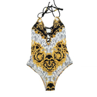 Women's Baroque Print Halter Lace-Up One-Piece Swimsuit - KaleaBoutique.com