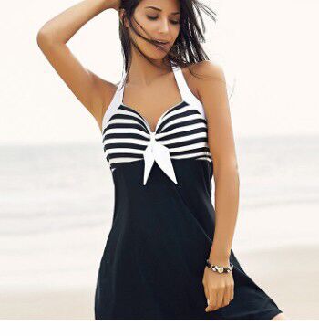 Women's Nautical Stripe Halter One-Piece Swim Dress by Kalea Boutique - KaleaBoutique.com