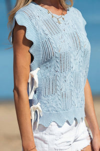 KaleaBoutique Stylish Pointelle Knit Patterned Scalloped Trim Short Sleeve Sweater - KaleaBoutique.com