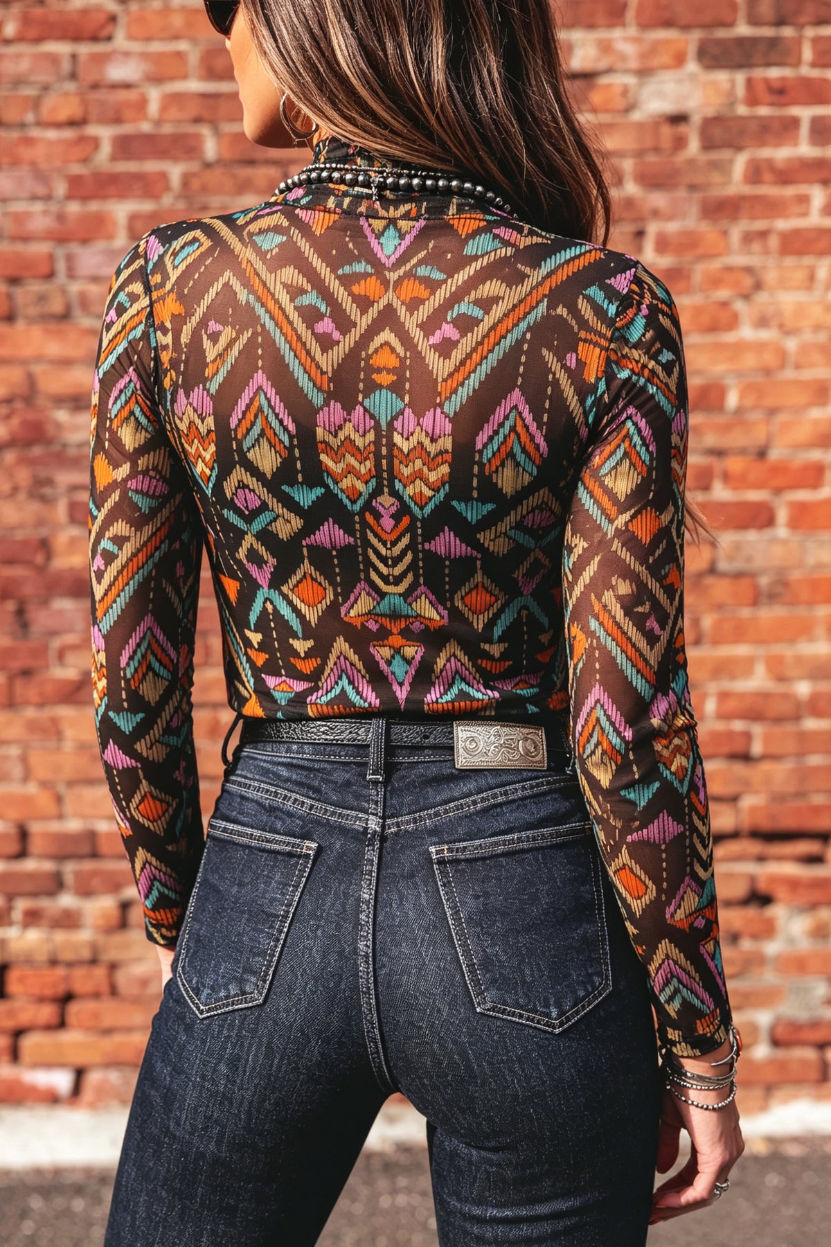 KaleaBoutique Stylish Abstract Print Long Sleeve Stand Neck Mesh Top - KaleaBoutique.com