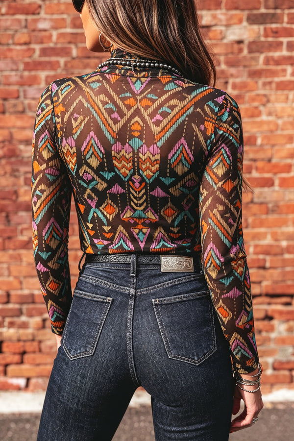 KaleaBoutique Stylish Abstract Print Long Sleeve Stand Neck Mesh Top - KaleaBoutique.com