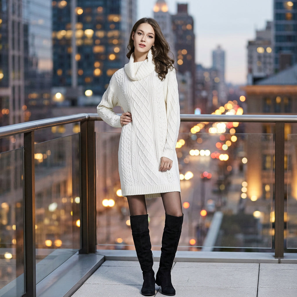Women's Cable-Knit Turtleneck Sweater Dress - KaleaBoutique.com