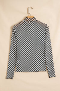 KaleaBoutique Stylish Plaid Stand Neck Long Sleeve Mesh Top - KaleaBoutique.com