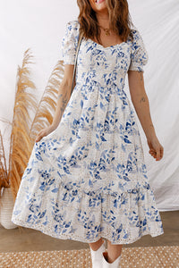 Smocked Bodice Short Puff Sleeve Tiered Floral Midi Dress - KaleaBoutique.com