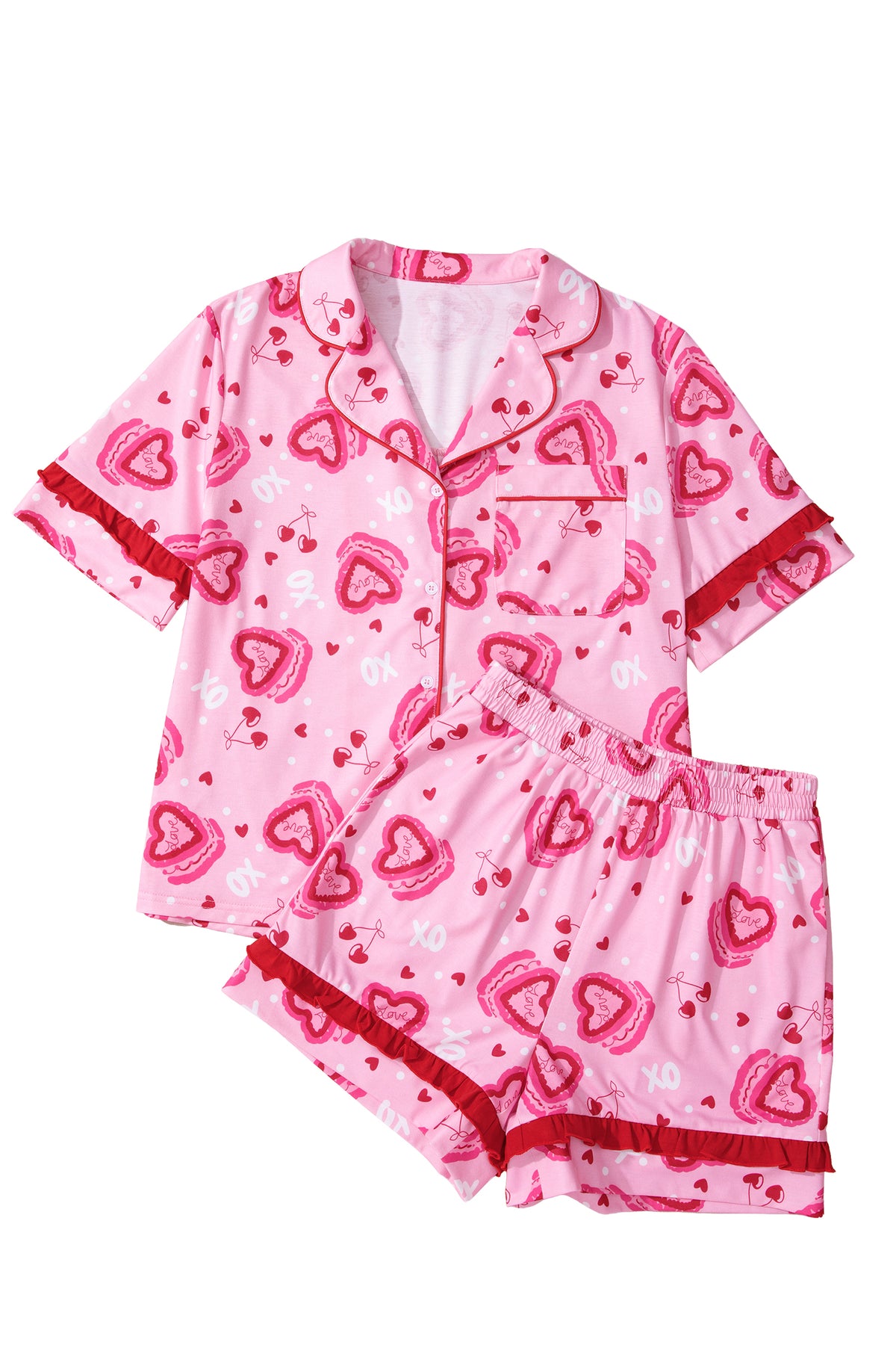 KaleaBoutique Stylish Sweet Heart Cake Print Contrast Ruffle Trim Valentines 2pcs Pajama Set - KaleaBoutique.com