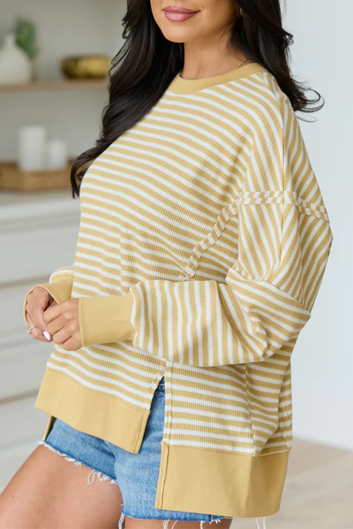 KaleaBoutique Stylish Textured Knit Color Block Trim Split Hem Long Sleeve Top - KaleaBoutique.com