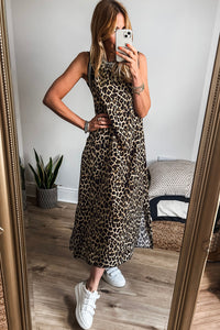 KaleaBoutique Stylish Contrast Striped Trim Leopard Sleeveless Maxi Dress - KaleaBoutique.com