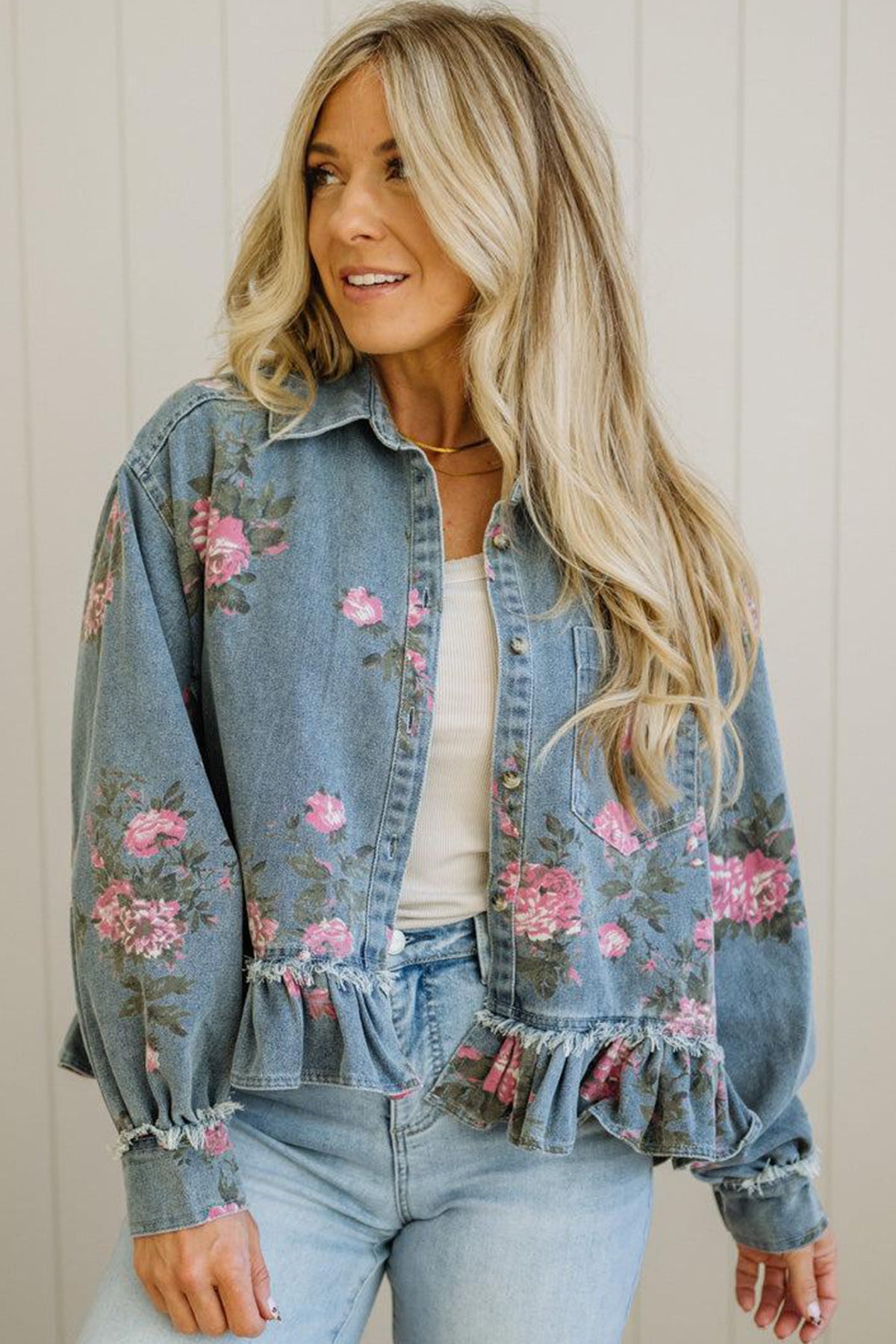 Floral Print Raw Seam Ruffle Hem Denim Jacket - KaleaBoutique.com