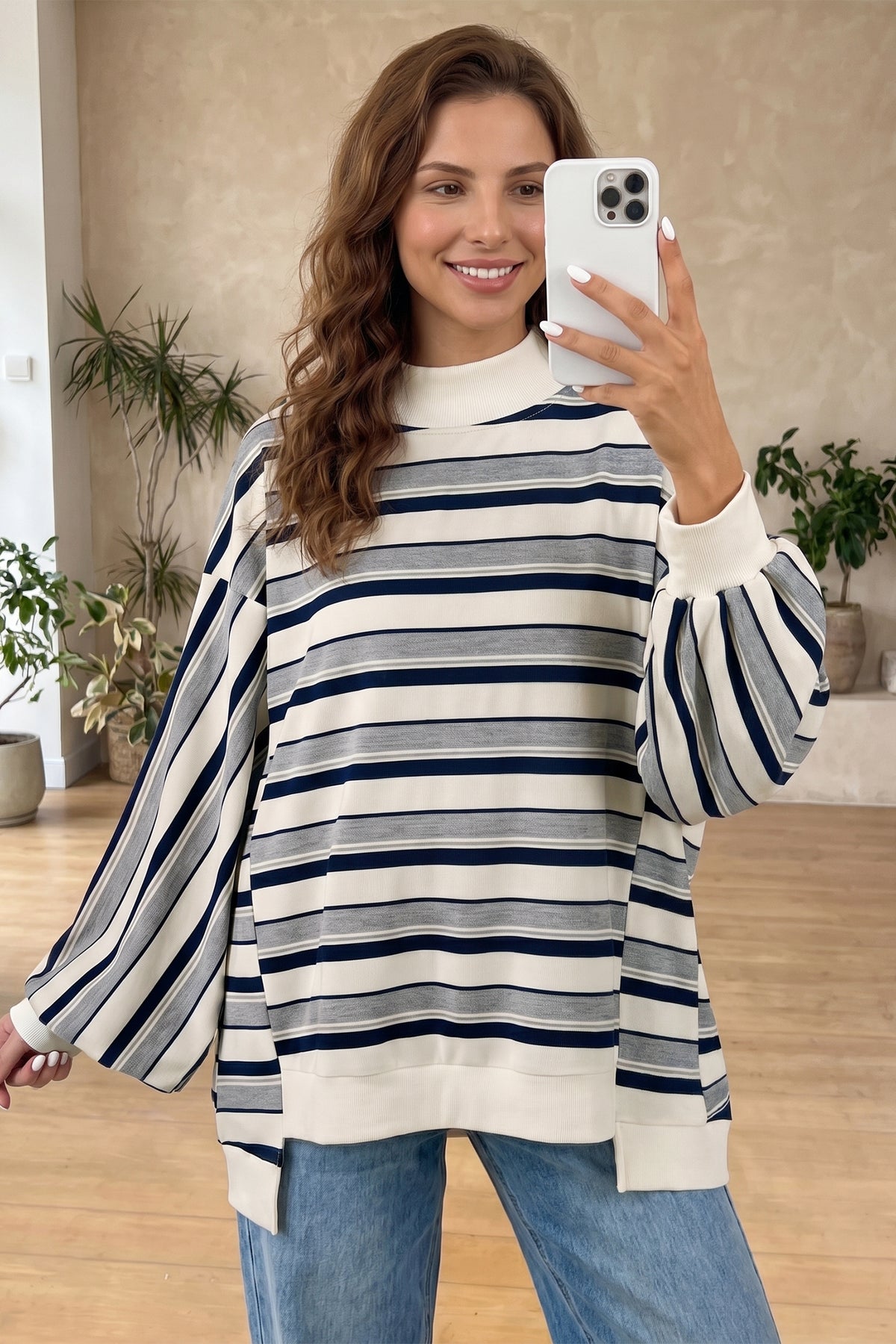 KaleaBoutique Stylish Striped Ribbed Stand Neck Long Sleeve Shift Silhouette Sweatshirt - KaleaBoutique.com