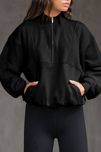 Half Zip Stand Collar Exposed Seam Solid Color Casual Sweatshirt - KaleaBoutique.com