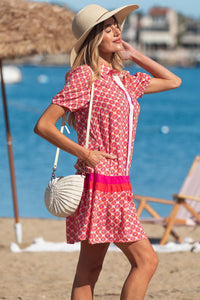 KaleaBoutique Stylish Geometric Floral Print Color Block Trim Button Front Ruffle Hem Dress - KaleaBoutique.com