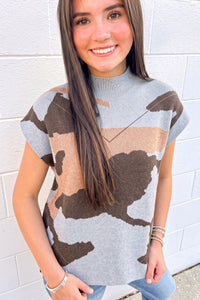 KaleaBoutique Stylish Camouflage Pattern Drop Shoulder High Neck Short Sleeve Shift Sweater - KaleaBoutique.com
