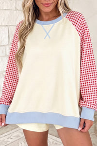 KaleaBoutique Comfortable Plaid Sleeve Colorblock Raglan Pullover Sweatshirt - KaleaBoutique.com