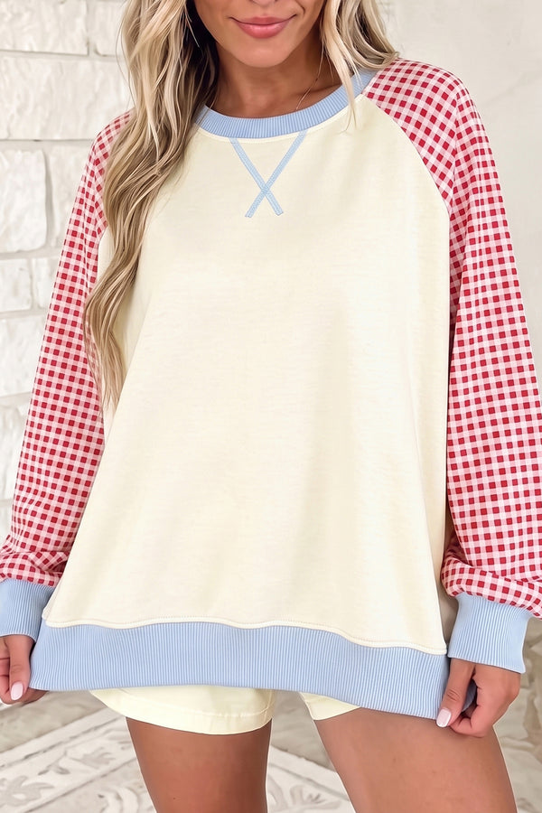 KaleaBoutique Comfortable Plaid Sleeve Colorblock Raglan Pullover Sweatshirt - KaleaBoutique.com